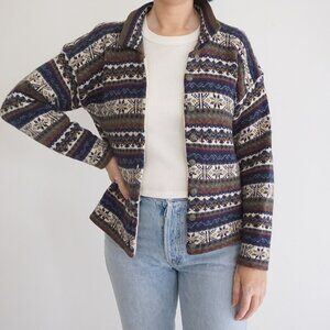 Vintage Kathy Ireland Brown Blue Fair Isle Knit Button Cardigan Cabincore M